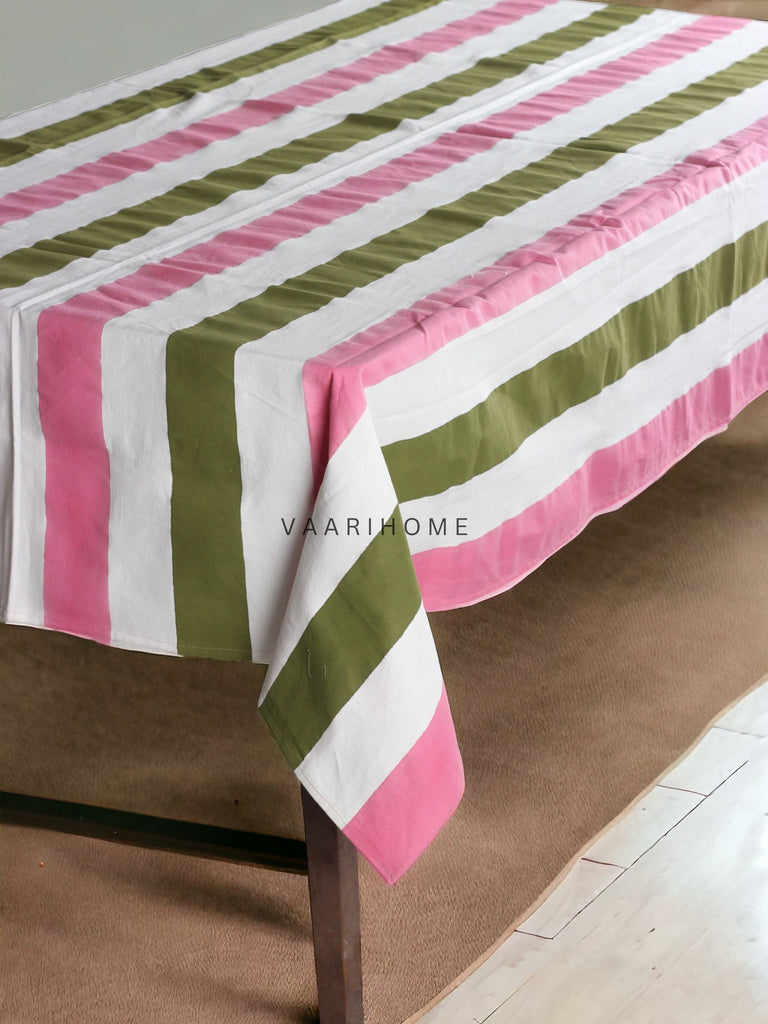 Green & Pink Stripe Block Print Table Cover (100TC)