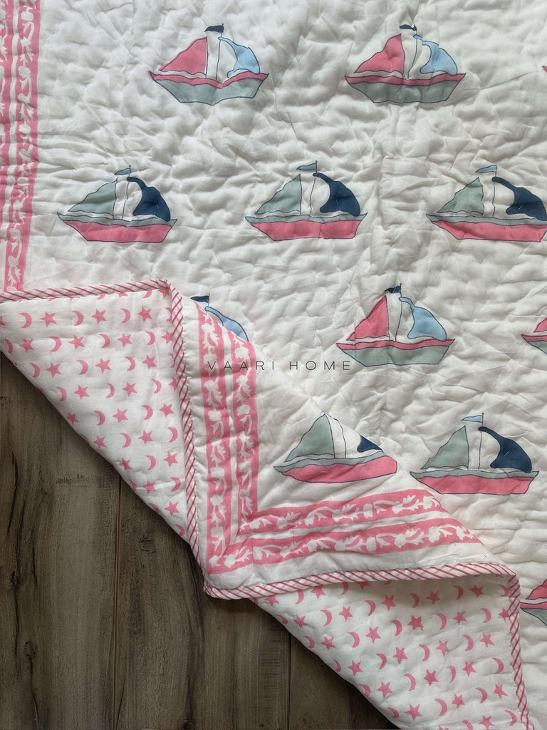 Boat print mulmul baby quilt