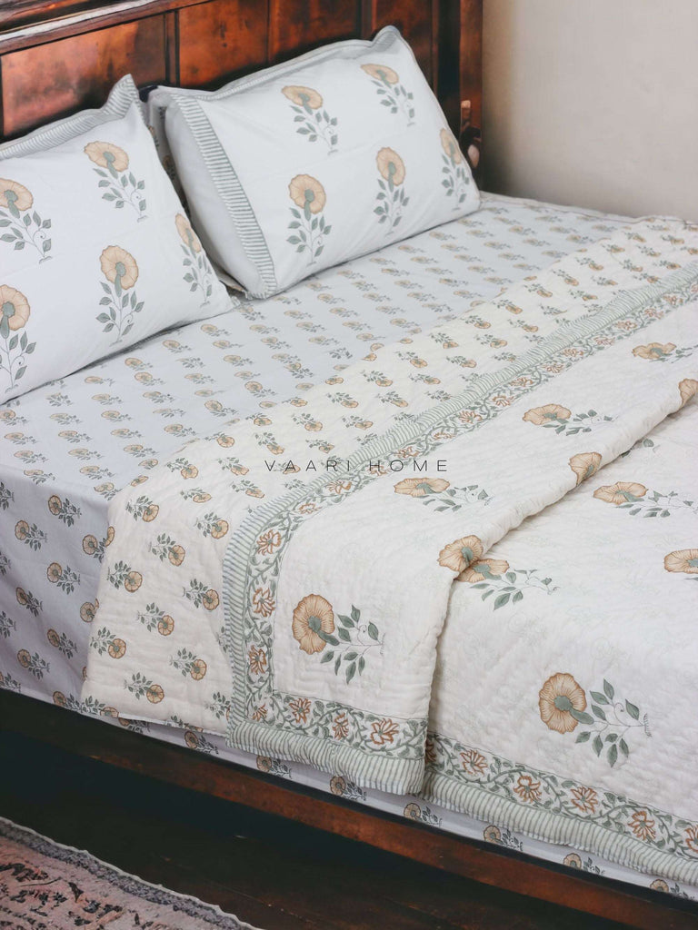 Gold floral bedding set (bedsheet, quilt & 2 pillowcases)