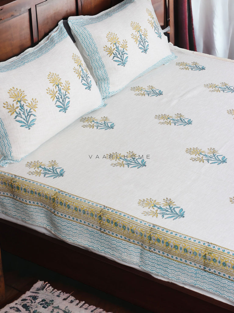 Bedcover Blue Yellow Floral cotton handloom