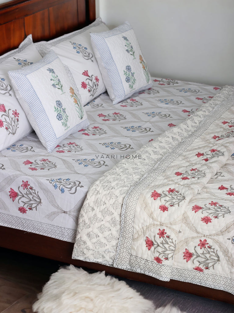 Dual floral bedding set (bedsheet, quilt & 2 pillowcases)